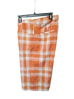 Men's Shorts Size 34 Skater Hip Hop Vintage Y2K Orange Plaid Long Leg Distressed